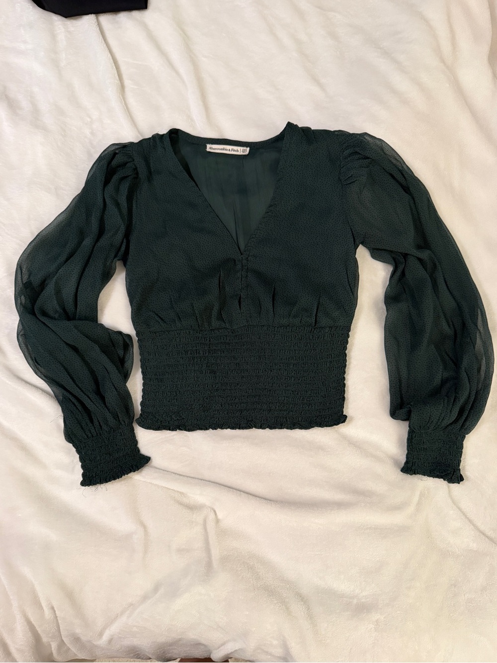 Abercrombie & Fitch Forest Green Smocked V-Neck Peasant Blouse